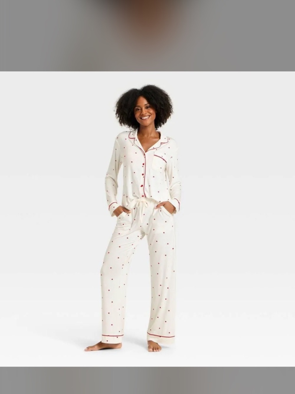 Auden Cream Pajama Set with Red Heart Print and Red Piping